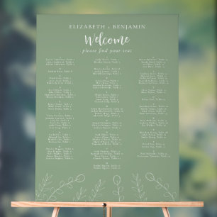 Señal Acrílica Gráfico de Asientos Alfabetico para Boda Verde Sal