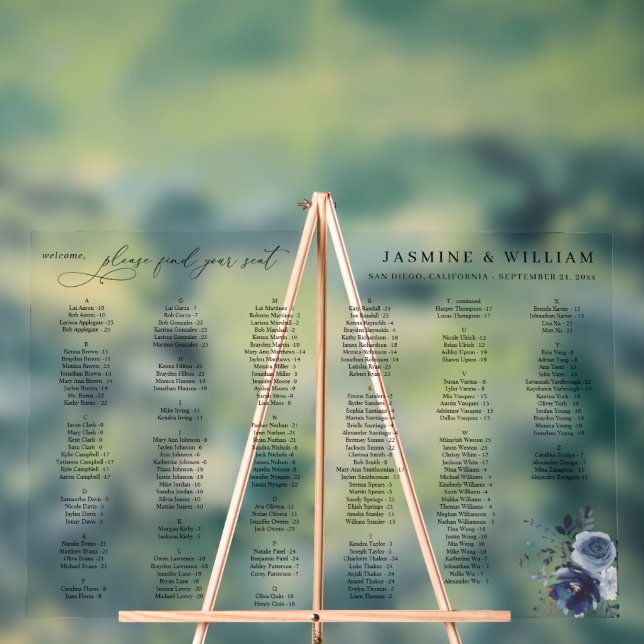 Señal Acrílica Gráfico de asientos alfabéticos florales en azul y (Neutral )