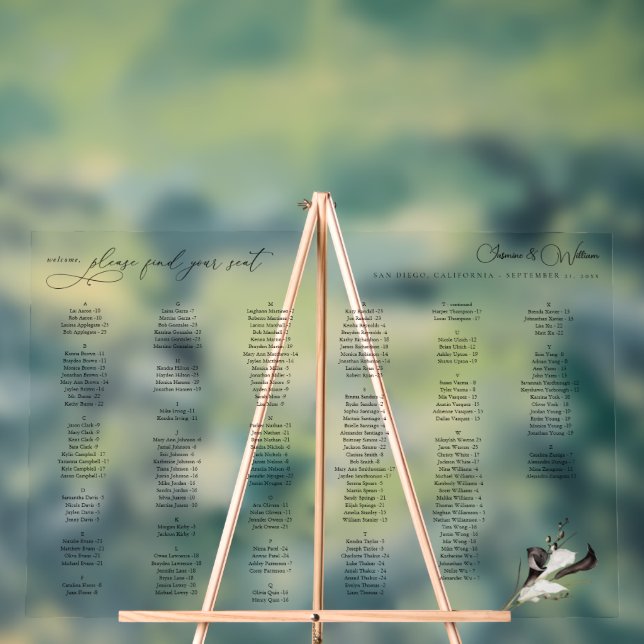 Señal Acrílica Gráfico de asientos alfabéticos florales en blanco (Neutral )