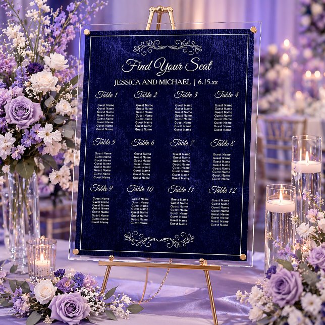 Señal Acrílica Gráfico de Asientos de Boda Elegante Azul Marino (Elegant navy blue velvet acrylic wedding seating chart)