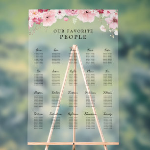 Señal Acrílica Gráfico de Asientos de Boda Floral Rosa 20 Mesas