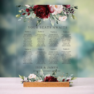 Señal Acrílica Gráfico de Asientos de Boda Floral Rosa Burdeos Rú