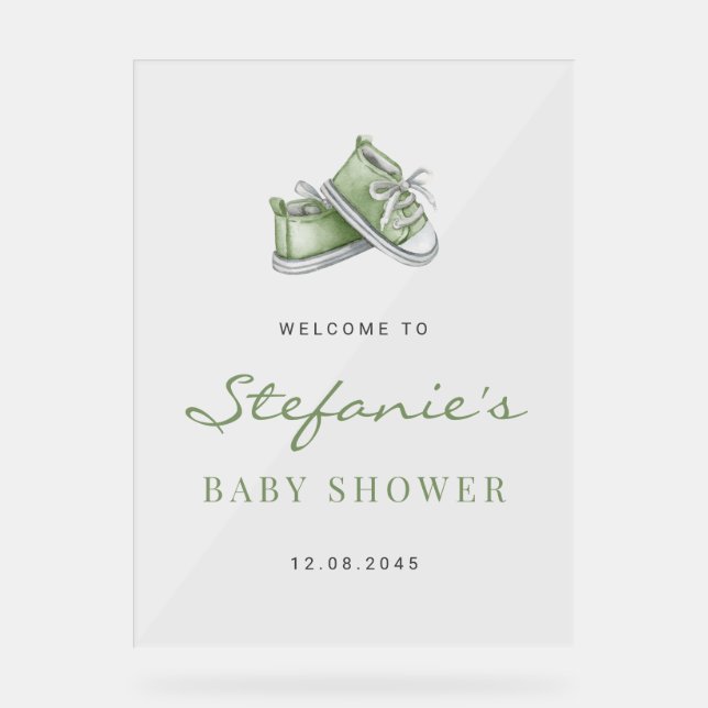 Señal Acrílica Green Watercolor Baby Shoes Baby Shower (Anverso)