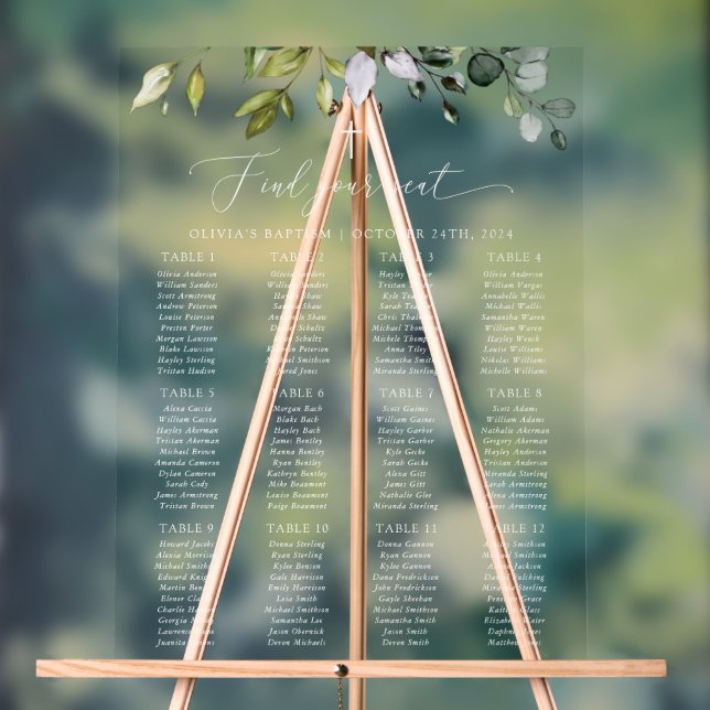Señal Acrílica Greenery, Eucalyptus Leaves, Baptism Seating Chart (Neutral )