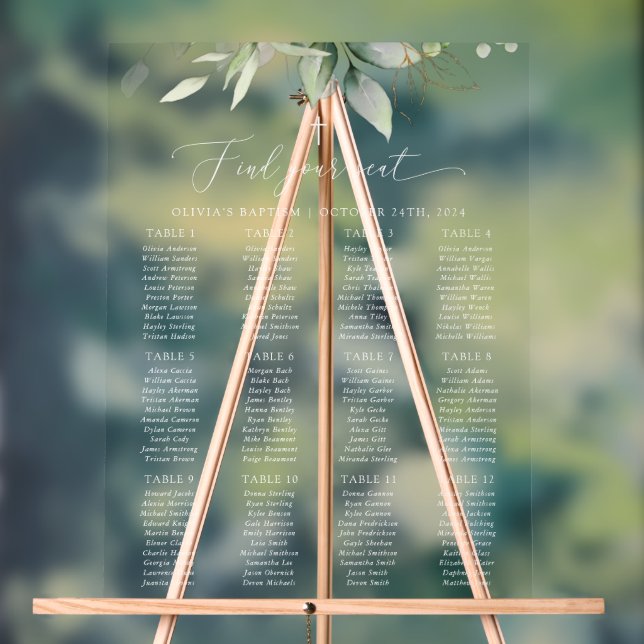 Señal Acrílica Greenery, Eucalyptus Leaves, Baptism Seating Chart (Neutral )