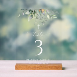Señal Acrílica Greenery, Eucalyptus Leaves, Baptism Table Numbers