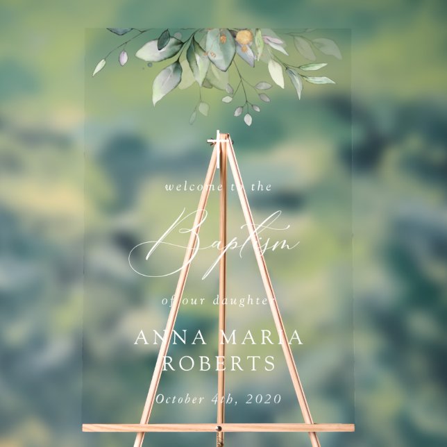 Señal Acrílica Greenery, Eucalyptus Leaves, Boho, Baptism Welcome (Neutral )