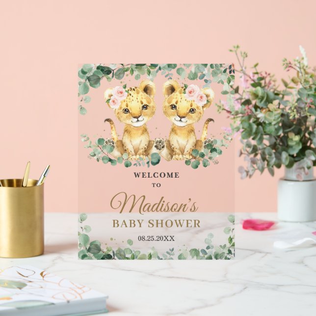 Señal Acrílica Greenery Lions Twin Girls Baby Shower Welcome (Boda)