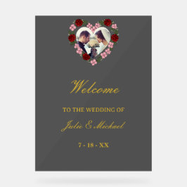Señal Acrílica Grey Acrylic Wedding Welcome Sign - Floral Heart