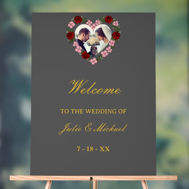 Señal Acrílica Grey Acrylic Wedding Welcome Sign - Floral Heart (Neutral )