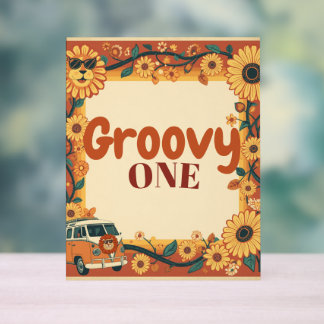 Señal Acrílica Groovy Cumpleaños León Retro 70s Primer Cumpleaños
