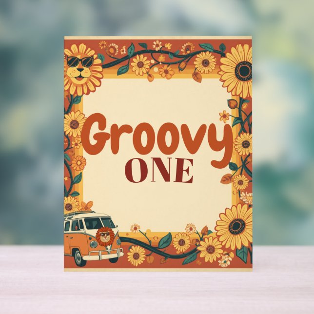 Señal Acrílica Groovy Cumpleaños León Retro 70s Primer Cumpleaños (Neutral )