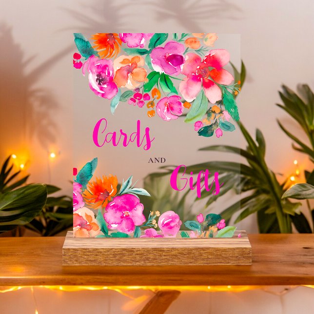 Señal Acrílica Guión floral rosa brillante signo de ducha de novi (Bright pink floral script bridal shower sign)