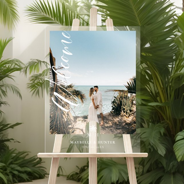 Señal Acrílica Guión mínimo de bienvenida Boda de foto Palm Monog (Minimal Script Welcome Wedding Photo Palm Monogram Acrylic Sign)