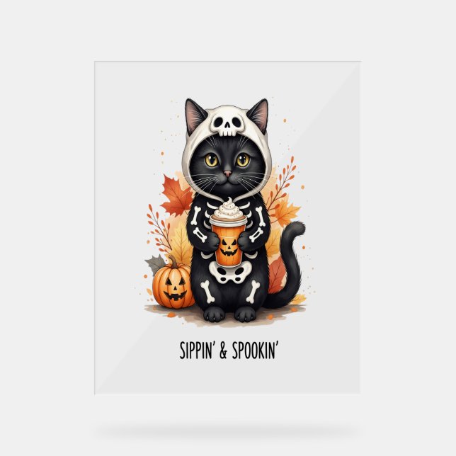 Señal Acrílica Halloween de gatos adorables (Anverso)