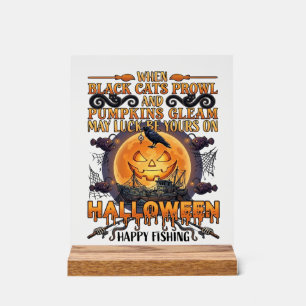 Señal Acrílica Halloween Feliz Pesca Gatos Negros Calabazas Cuerv