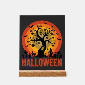 Señal Acrílica Halloween Haunted Tree Witch and Black Cats