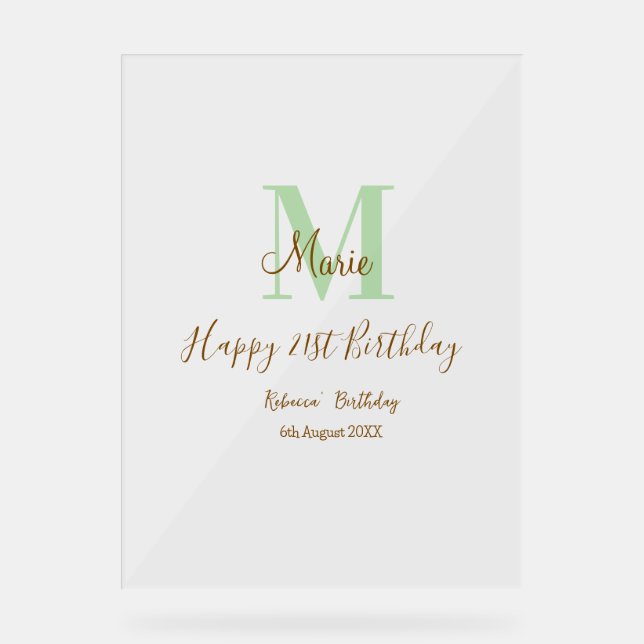 Señal Acrílica Happy 21st Birthday green add name monogram brown  (Anverso)