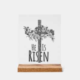 Señal Acrílica He Is Risen Floral Cross Acrylic Sign