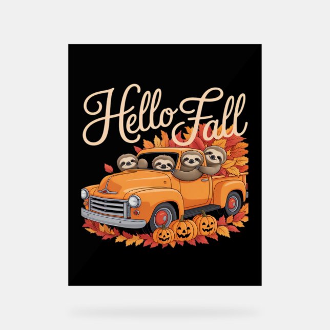 Señal Acrílica Hello Fall Funny Slony Sloth Halloween pumkin Clas (Anverso)