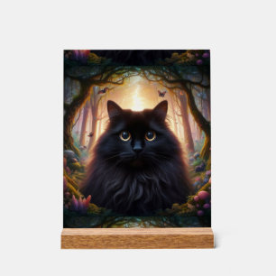 Señal Acrílica Hermoso gato negro esponjoso con ojos dorados