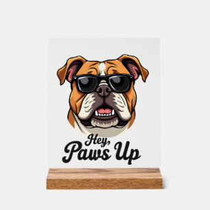 Señal Acrílica Hey Patas Arriba Bulldog Vintage con Gafas de Sol