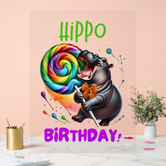 Señal Acrílica Hippo Cumpleaños Alegre, Colorida Bañera de Vela |