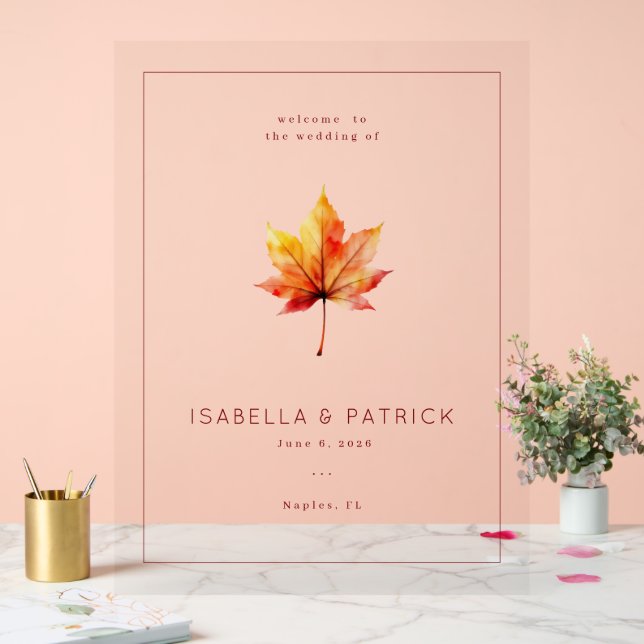Señal Acrílica Hoja de Acuarela de Otoño Cálido (Boda)