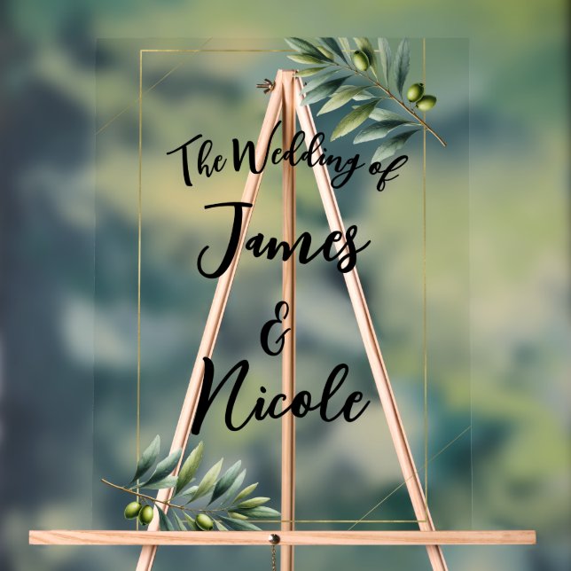 Señal Acrílica Hoja de Olivo Verde y Rótulo de Boda Rústico Oro (Neutral )