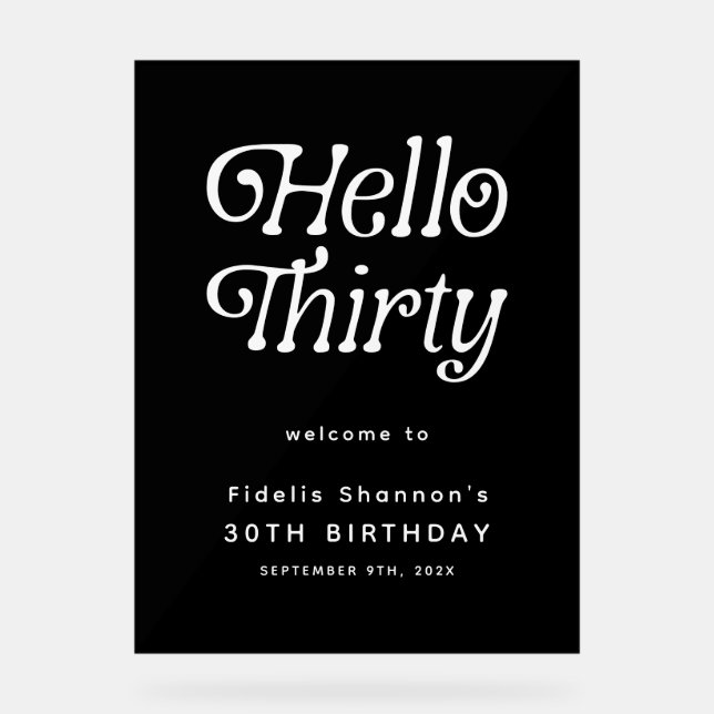 Señal Acrílica Hola, 30 retro. Signo de bienvenida de cumpleaños (Anverso)