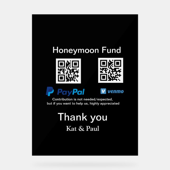 Señal Acrílica Honeymoon Fund PayPal Venmo código QR gracias (Anverso)