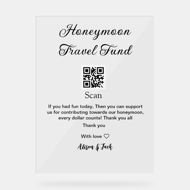 Señal Acrílica Honeymoon fund scan QR codeadd name  (Anverso)