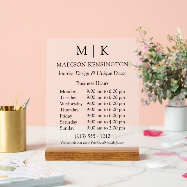 Señal Acrílica Horas comerciales modernas de monograma o logotipo (Boda)