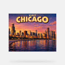 Señal Acrílica horizonte de Chicago y lago Michigan al atardecer
