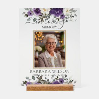 Señal Acrílica Imagen conmemorativa floral funeral morado oscuro