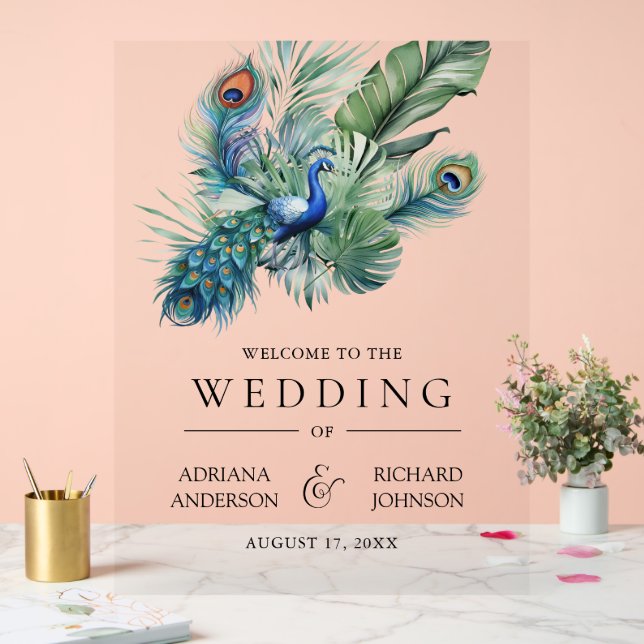 Señal Acrílica Indian Peacock Feathers Wedding Welcome (Boda)