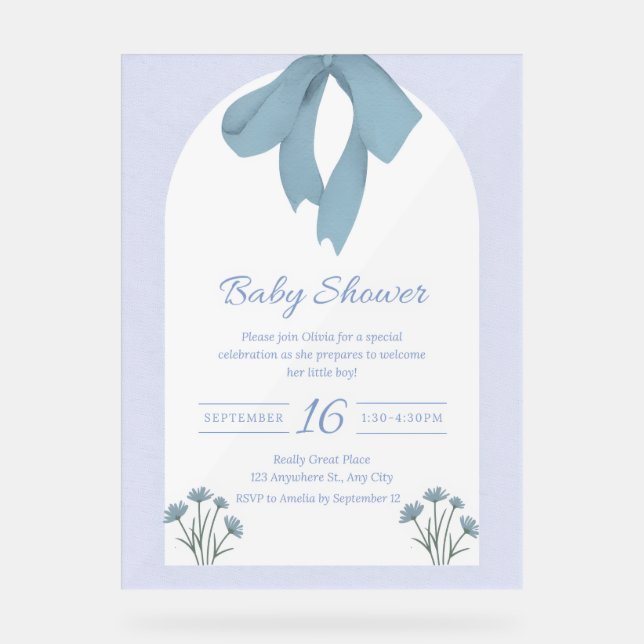 Señal Acrílica Invitación a Baby Shower Bow Blue Bow (Anverso)