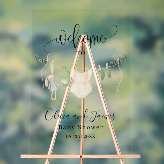 Señal Acrílica Invitación a Baby Shower por ropa de bebé, Minimal (Neutral )