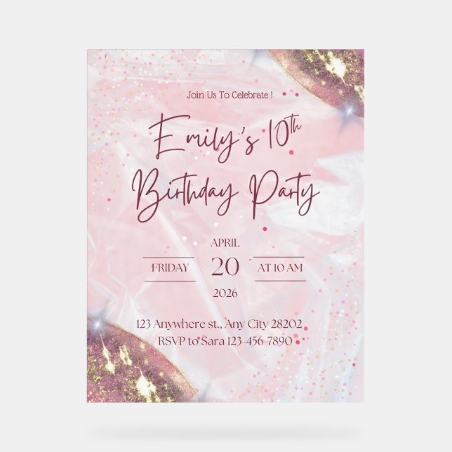 Señal Acrílica Invitación a la fiesta de cumpleaños de Confetti R (Anverso)