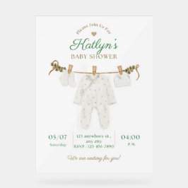 Señal Acrílica Invitación Baby Shower beige y verde claro