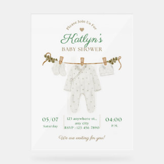 Señal Acrílica Invitación Baby Shower beige y verde claro