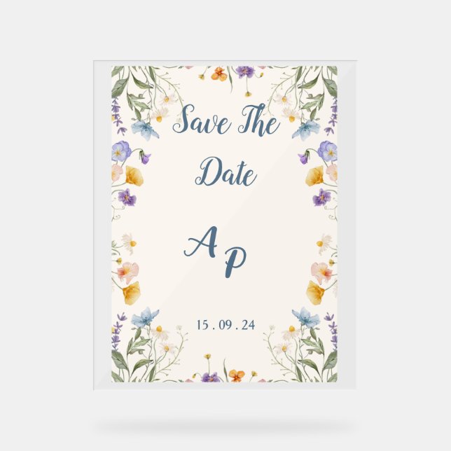 Señal Acrílica Invitación Beige Floral Para Boda (Anverso)