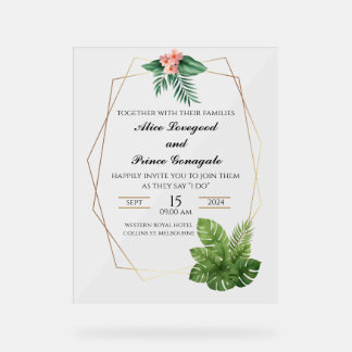 Señal Acrílica Invitación de boda de acrílico tropical con marco 