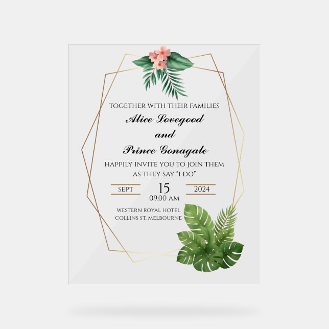 Señal Acrílica Invitación de boda de acrílico tropical con marco  (Anverso)