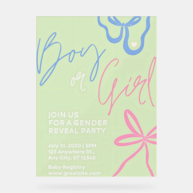 Señal Acrílica Invitación del partido "Light Green Gender Reveal" (Anverso)
