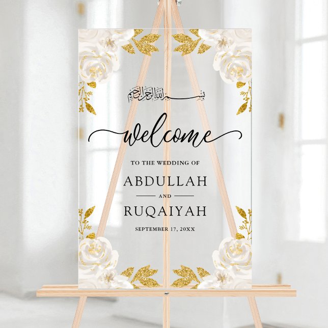 Señal Acrílica  Ivory Floral Gold Muslim Wedding Welcome (Subido por el creador)