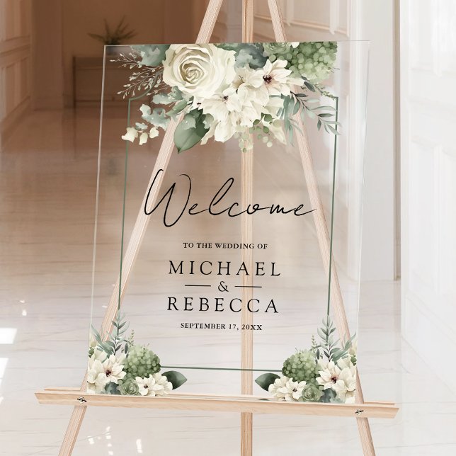 Señal Acrílica Ivory Rose Sage Green Floral Wedding Welcome (Subido por el creador)