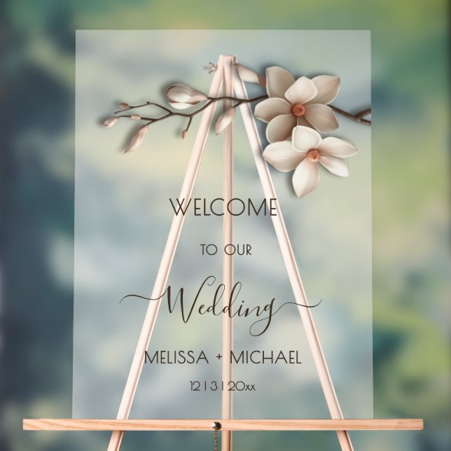Señal Acrílica Ivory White 3D  Magnolia Flowers Wedding Welcome (Neutral )