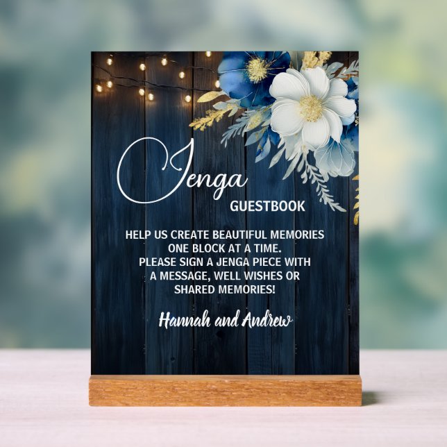 Señal Acrílica Jenga Boda Guestbook String Lights Floral (Neutral )