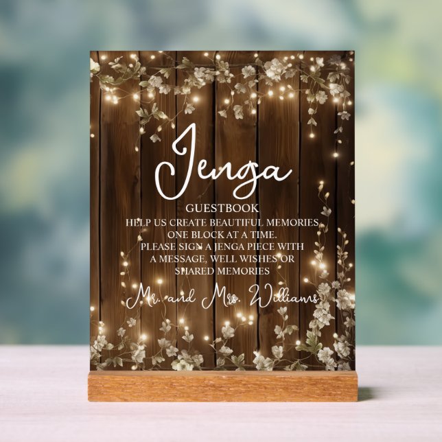 Señal Acrílica Jenga Boda Guestbook String Lights Wood (Neutral )